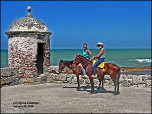 Riding around on top of the old walled city of Cartegena Colombia