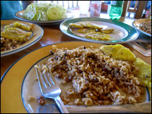 Enjoying some local beans, rice, plantains and 'ensalada' at a local cafeteria outside of Luperon, Dominican Republic